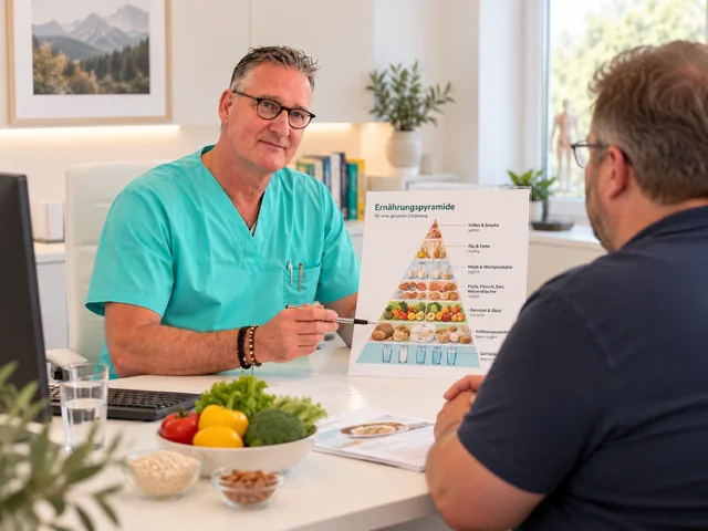Dr. Müller erklärt einem Patienten am Schreibtisch eine Ernährungspyramide, davor eine Schale mit Gemüse