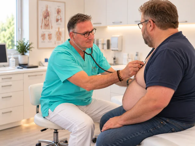Dr. Müller hört einen Patienten mit dem Stethoskop ab